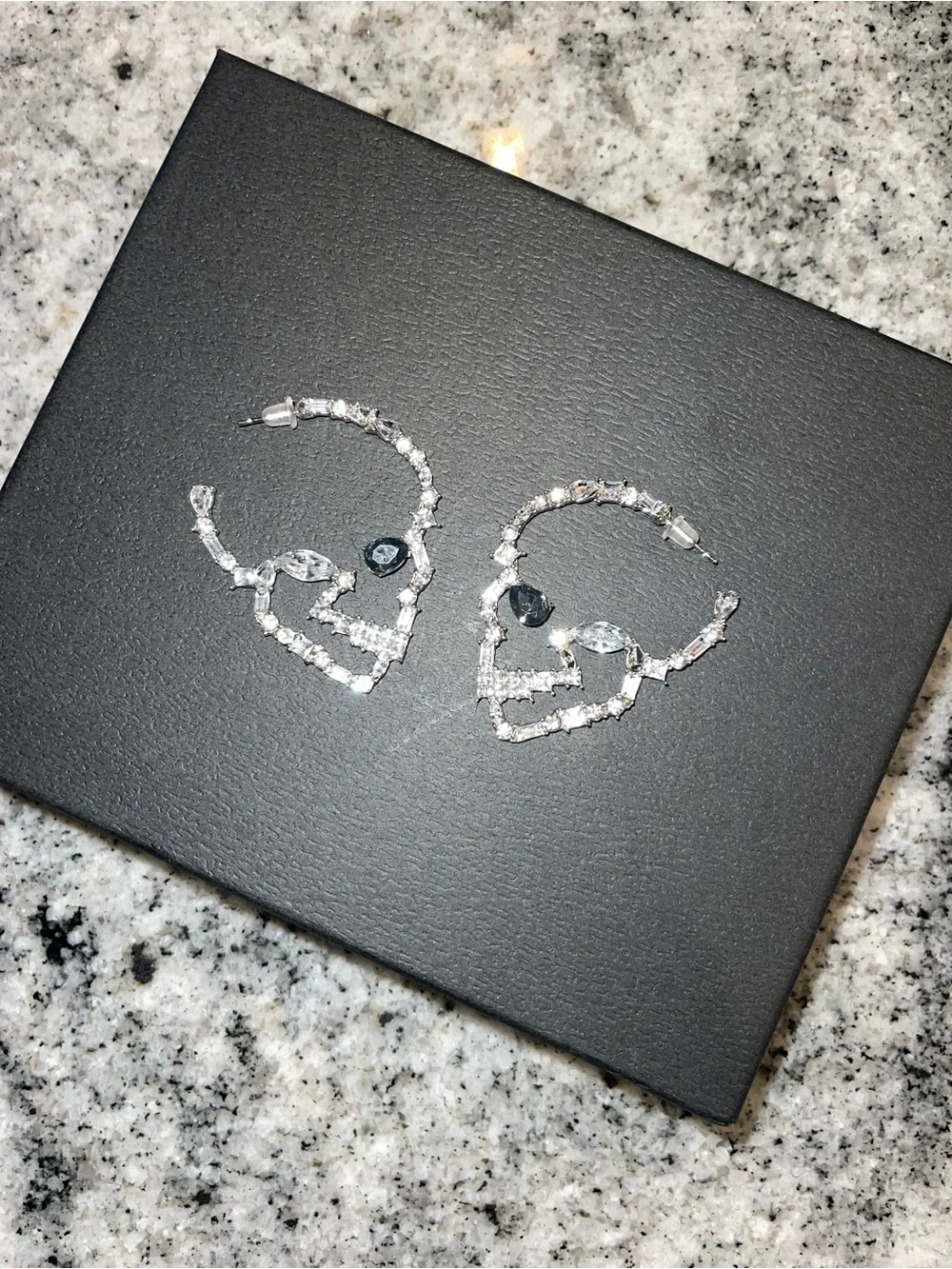 eye candy Clear Crystal Skull Hoop Earrings with Dark Teardrop Accent
